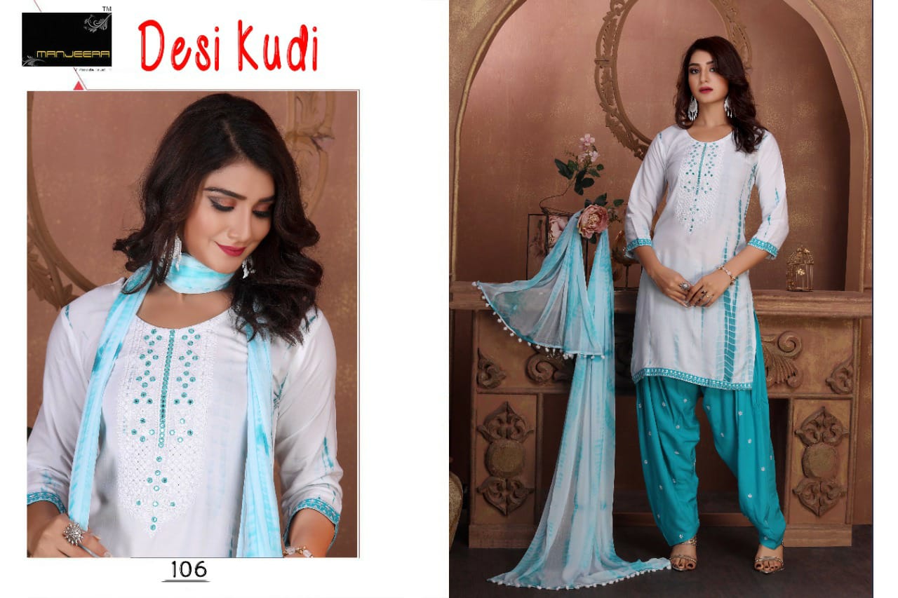 Manjeera Desi Kudi Rayon Patiyala Ready Made Wholesale Suit Collection